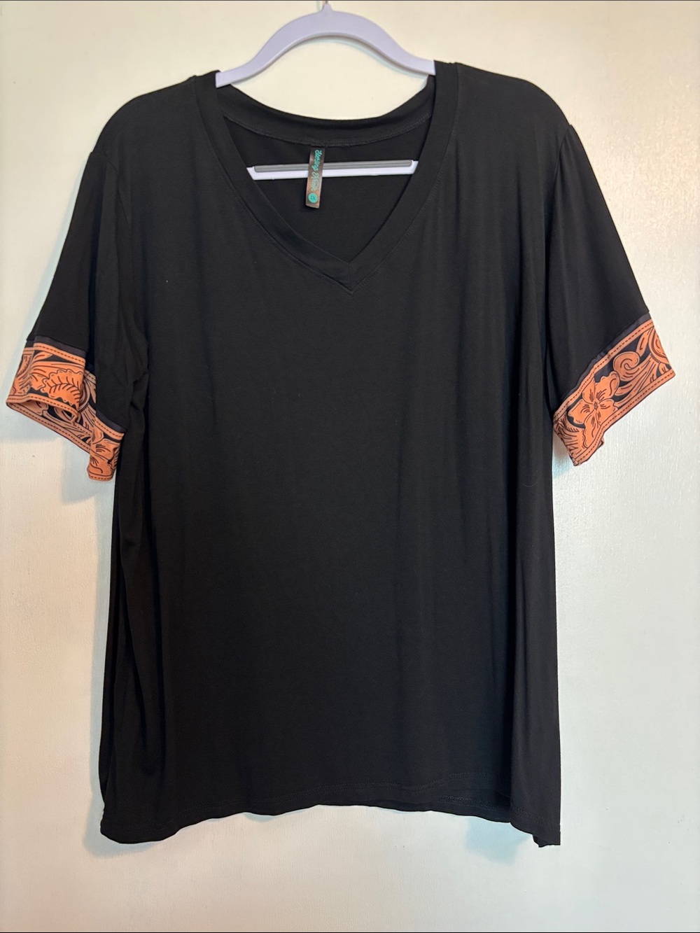 Women's Black V-Neck Tee with tan Accent Trim